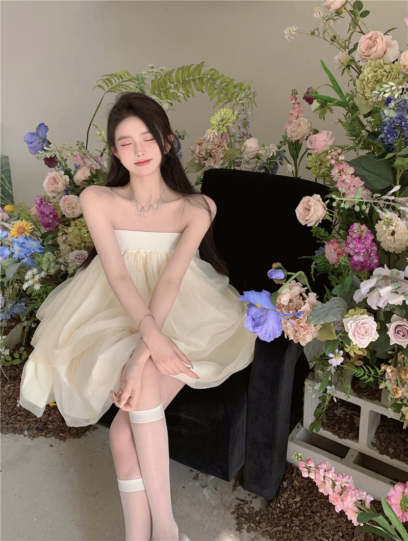 Romantic Beige Strapless Organza Mini Skirt Dreamy Party Nights Layered Puffy Short Dress AP2026