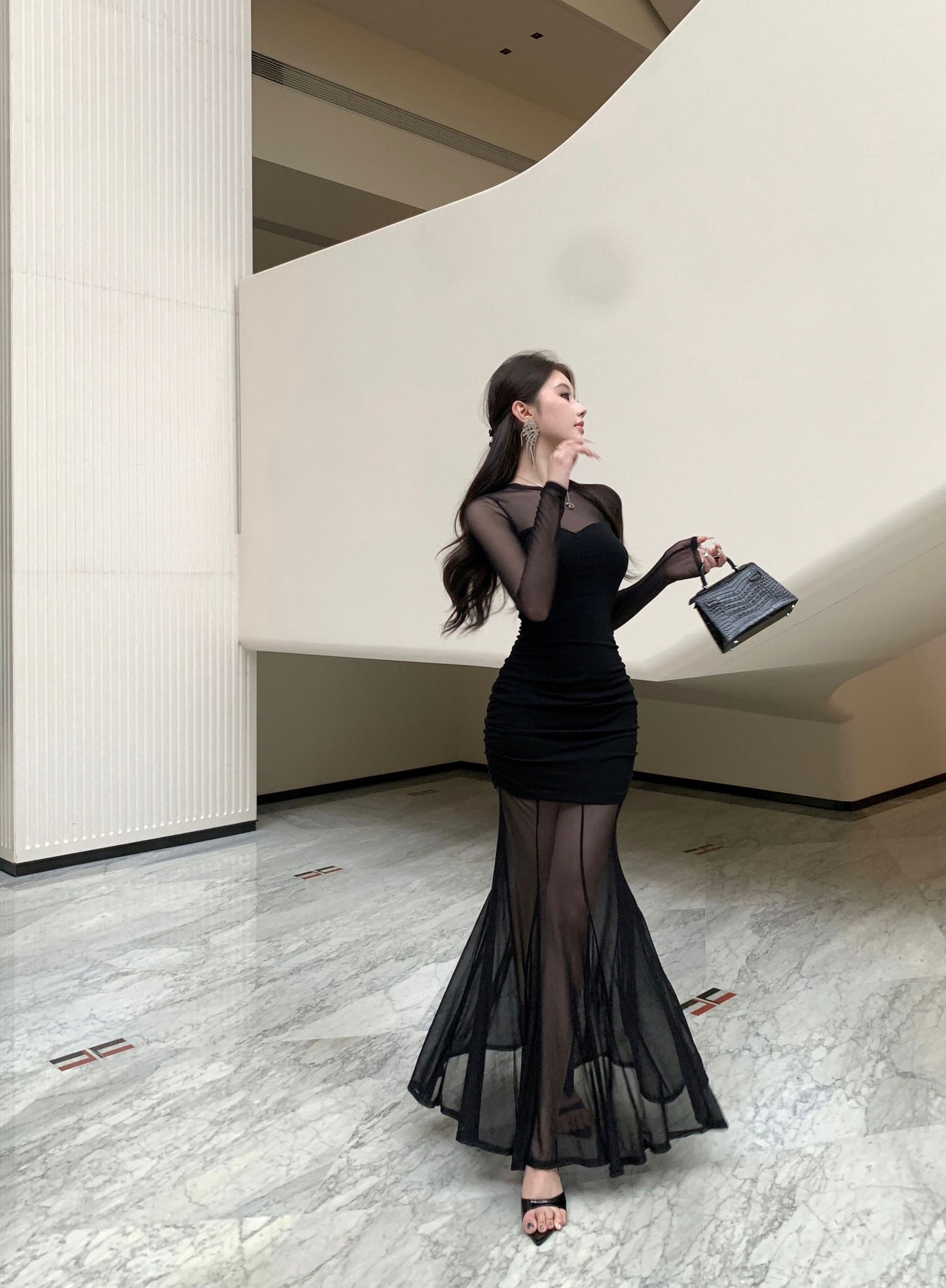 French-Inspired Black Sheer Mesh Long Sleeve Maxi Dress Gorgeous Ruched Detail Mermaid Hem Long Dress AP2027