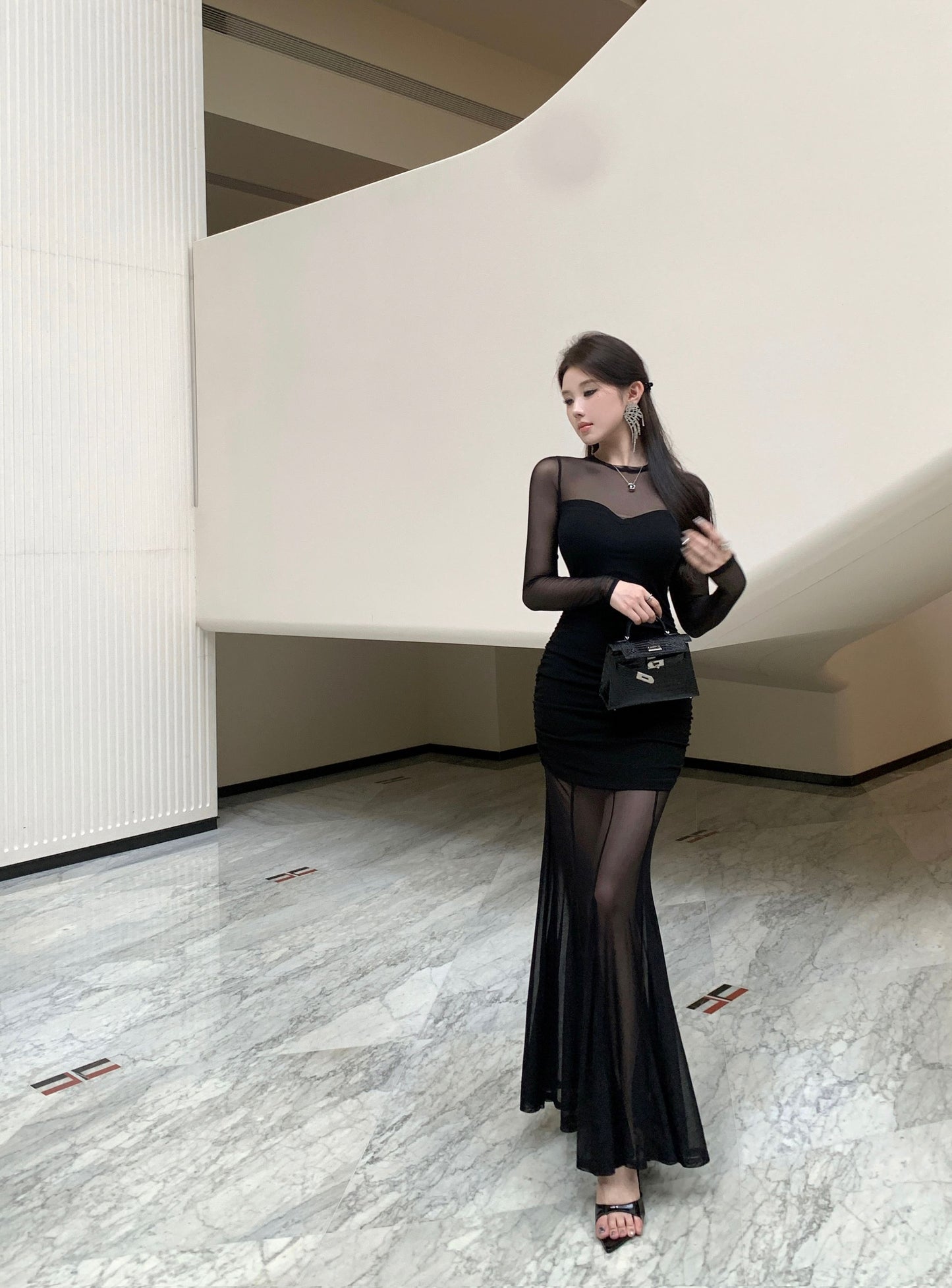 French-Inspired Black Sheer Mesh Long Sleeve Maxi Dress Gorgeous Ruched Detail Mermaid Hem Long Dress AP2027