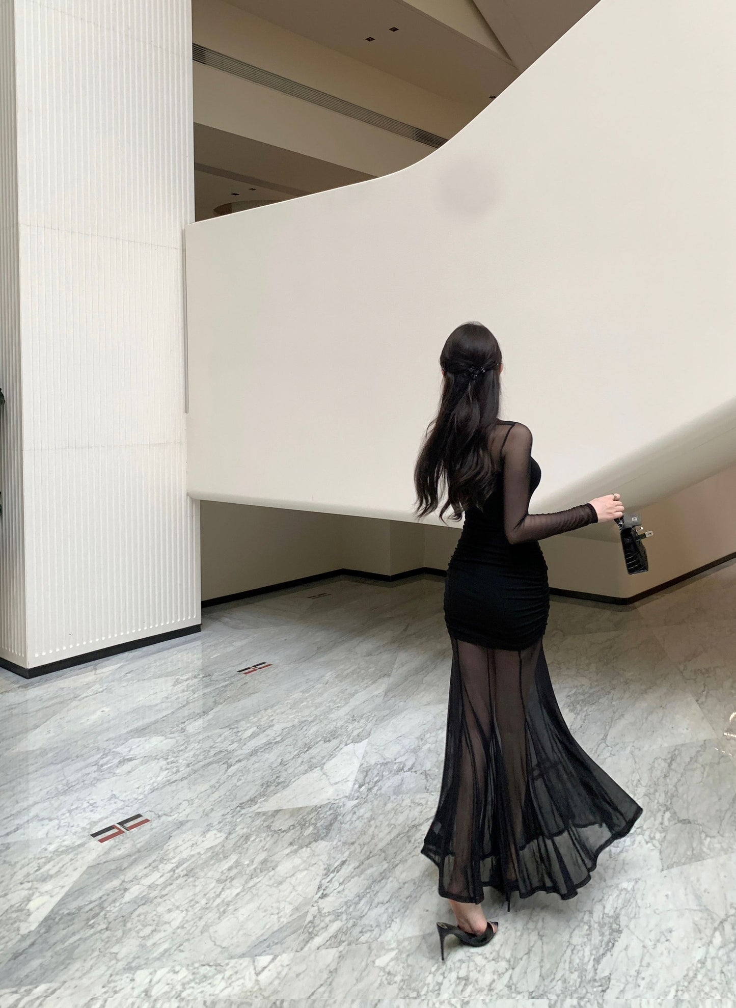 French-Inspired Black Sheer Mesh Long Sleeve Maxi Dress Gorgeous Ruched Detail Mermaid Hem Long Dress AP2027