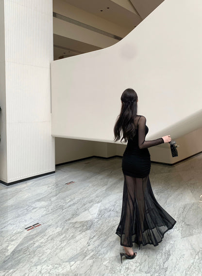French-Inspired Black Sheer Mesh Long Sleeve Maxi Dress Gorgeous Ruched Detail Mermaid Hem Long Dress AP2027