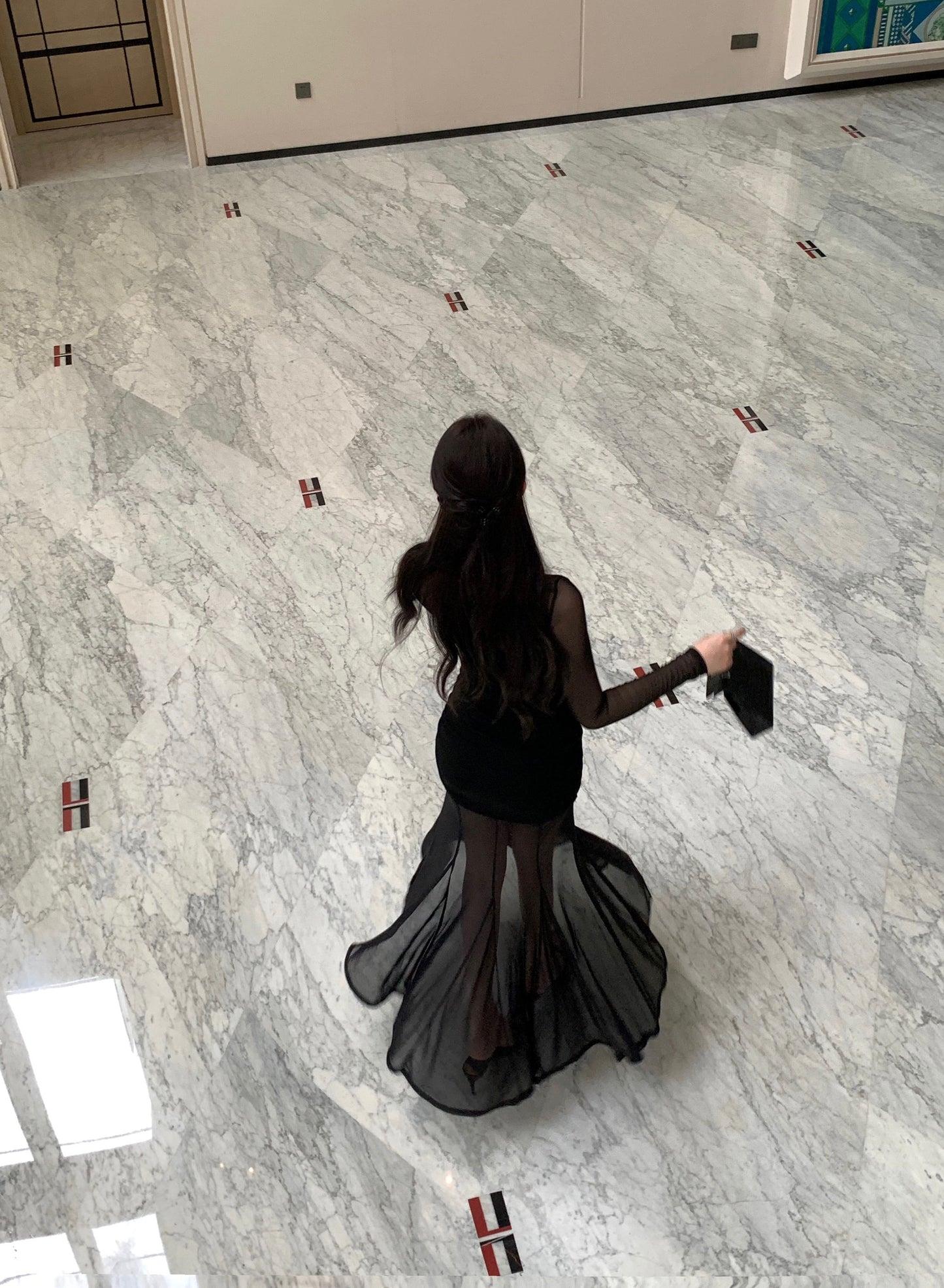 French-Inspired Black Sheer Mesh Long Sleeve Maxi Dress Gorgeous Ruched Detail Mermaid Hem Long Dress AP2027