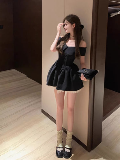 Stylish Black A-Line Off-Shoulder Mini Skirt Dreamy LBD Party Nights Fitted Waist Short Dress AP2028