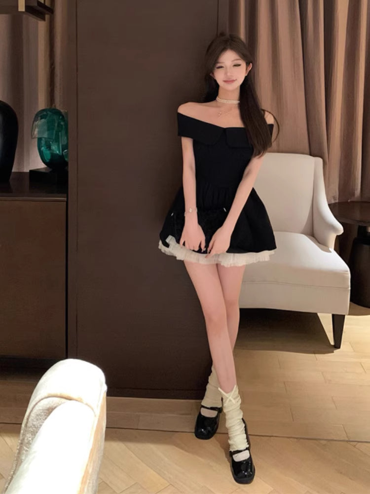 Stylish Black A-Line Off-Shoulder Mini Skirt Dreamy LBD Party Nights Fitted Waist Short Dress AP2028