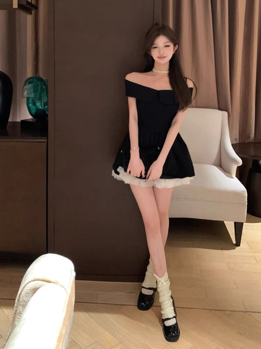 Stylish Black A-Line Off-Shoulder Mini Skirt Dreamy LBD Party Nights Fitted Waist Short Dress AP2028