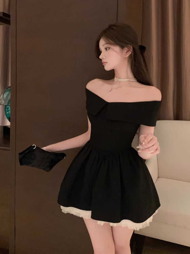 Stylish Black A-Line Off-Shoulder Mini Skirt Dreamy LBD Party Nights Fitted Waist Short Dress AP2028