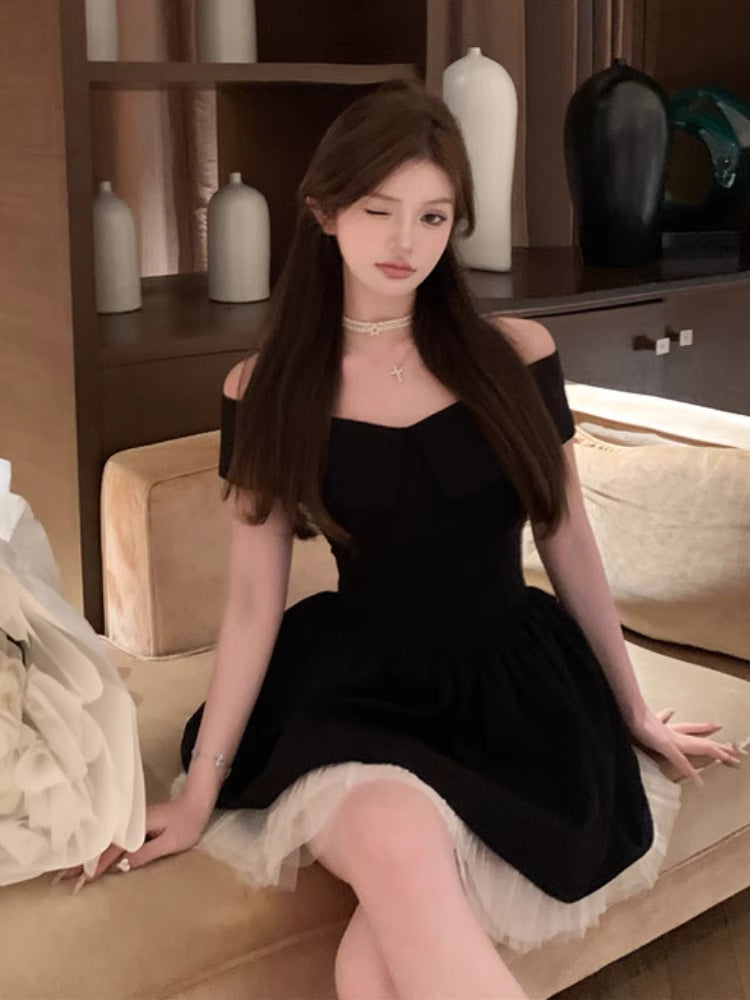 Stylish Black A-Line Off-Shoulder Mini Skirt Dreamy LBD Party Nights Fitted Waist Short Dress AP2028