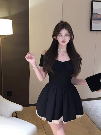 Stylish Black A-Line Off-Shoulder Mini Skirt Dreamy LBD Party Nights Fitted Waist Short Dress AP2028