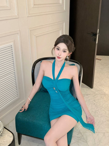 Stylish Teal Cutout Design Ruched Mini Skirt Alluring Fitted Waist Party Nights Adjustable Streamer Short Dress AP2029
