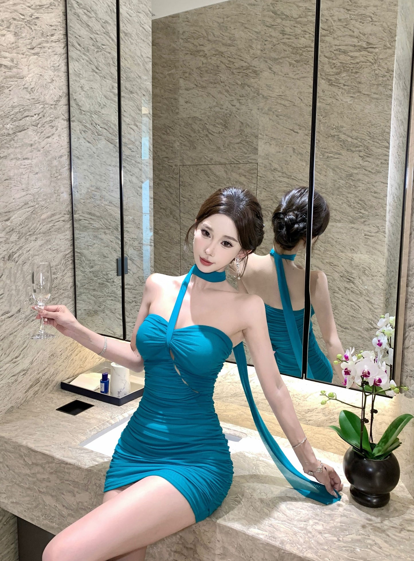 Stylish Teal Cutout Design Ruched Mini Skirt Alluring Fitted Waist Party Nights Adjustable Streamer Short Dress AP2029