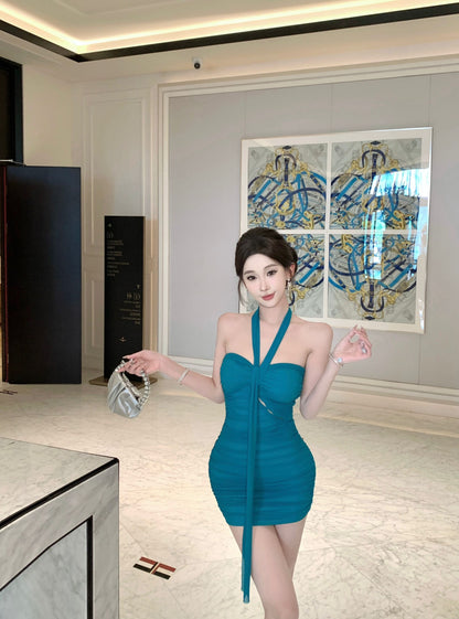 Stylish Teal Cutout Design Ruched Mini Skirt Alluring Fitted Waist Party Nights Adjustable Streamer Short Dress AP2029