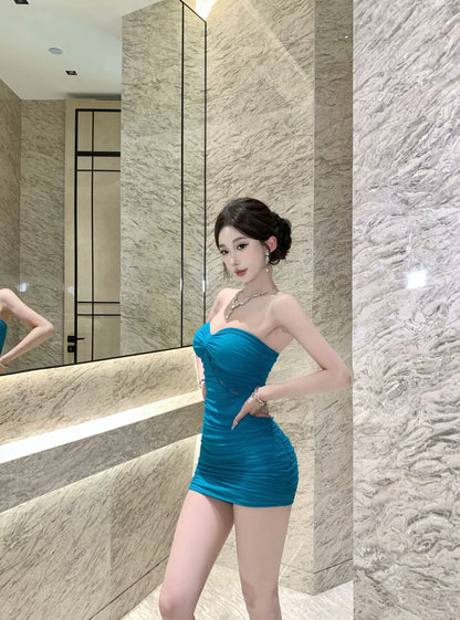 Stylish Teal Cutout Design Ruched Mini Skirt Alluring Fitted Waist Party Nights Adjustable Streamer Short Dress AP2029