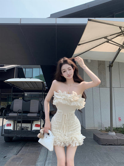 Fairy Style Cream Strapless Layered Ruffles Mini Skirt Romantic Lace-Up Waist Party Nights Sheath Short Dress AP2030