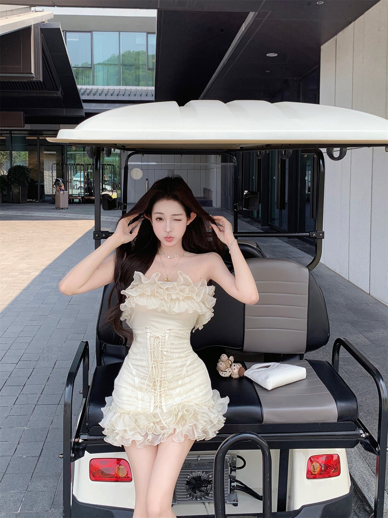 Fairy Style Cream Strapless Layered Ruffles Mini Skirt Romantic Lace-Up Waist Party Nights Sheath Short Dress AP2030