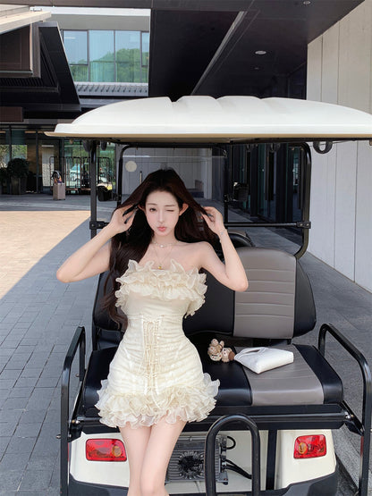 Fairy Style Cream Strapless Layered Ruffles Mini Skirt Romantic Lace-Up Waist Party Nights Sheath Short Dress AP2030