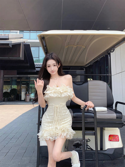 Fairy Style Cream Strapless Layered Ruffles Mini Skirt Romantic Lace-Up Waist Party Nights Sheath Short Dress AP2030