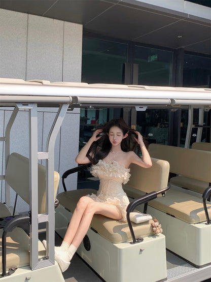 Fairy Style Cream Strapless Layered Ruffles Mini Skirt Romantic Lace-Up Waist Party Nights Sheath Short Dress AP2030