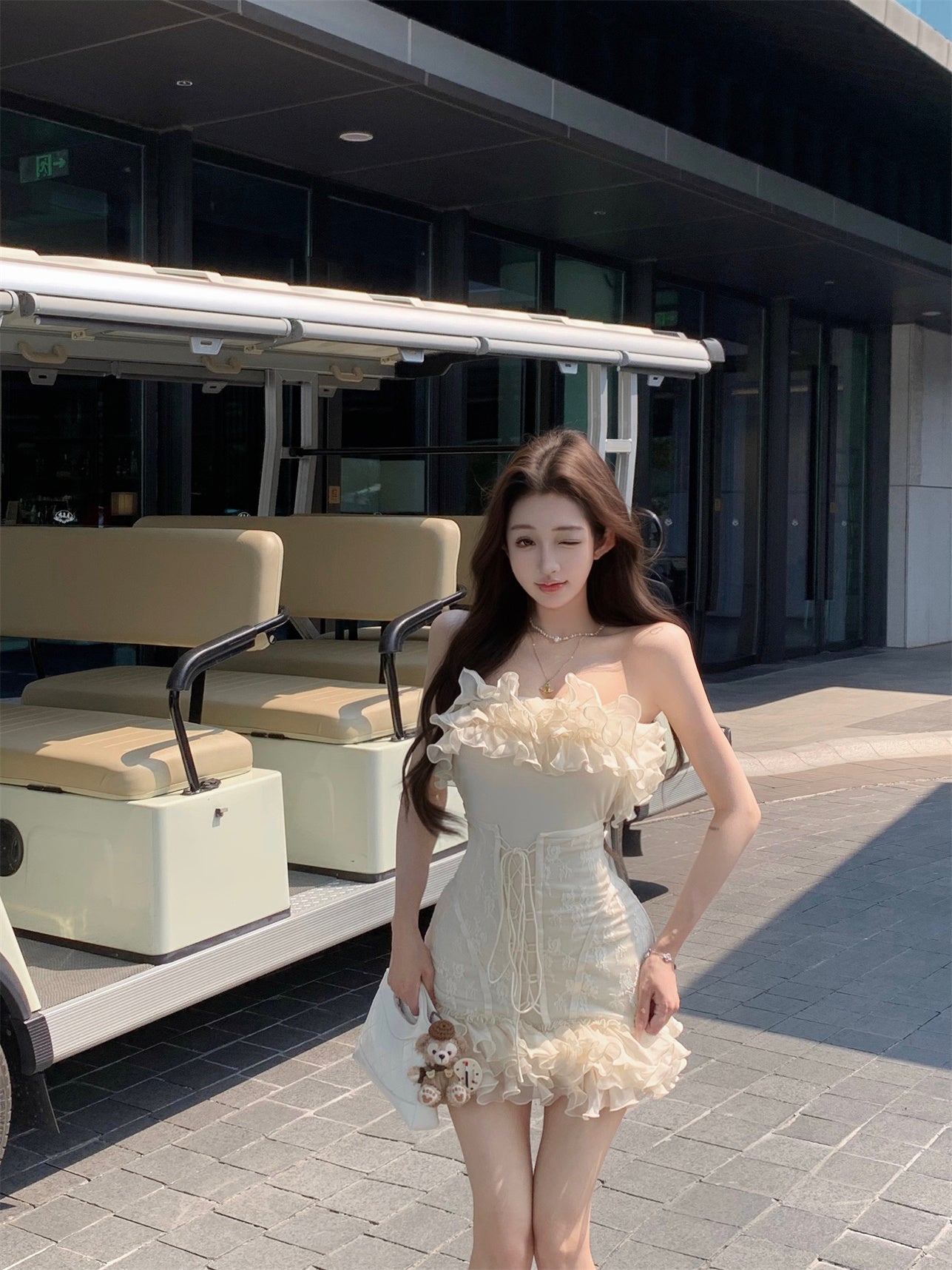 Fairy Style Cream Strapless Layered Ruffles Mini Skirt Romantic Lace-Up Waist Party Nights Sheath Short Dress AP2030