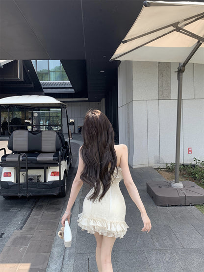 Fairy Style Cream Strapless Layered Ruffles Mini Skirt Romantic Lace-Up Waist Party Nights Sheath Short Dress AP2030