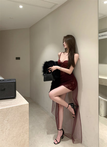 Sexy Burgundy Spaghetti Strap Maxi Dress Alluring Sheer Tulle Overlay Long Dress AP2031