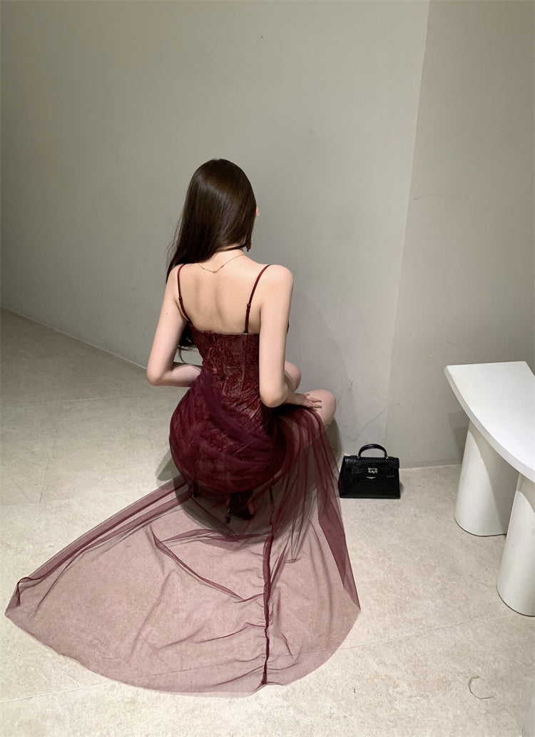 Sexy Burgundy Spaghetti Strap Maxi Dress Alluring Sheer Tulle Overlay Long Dress AP2031