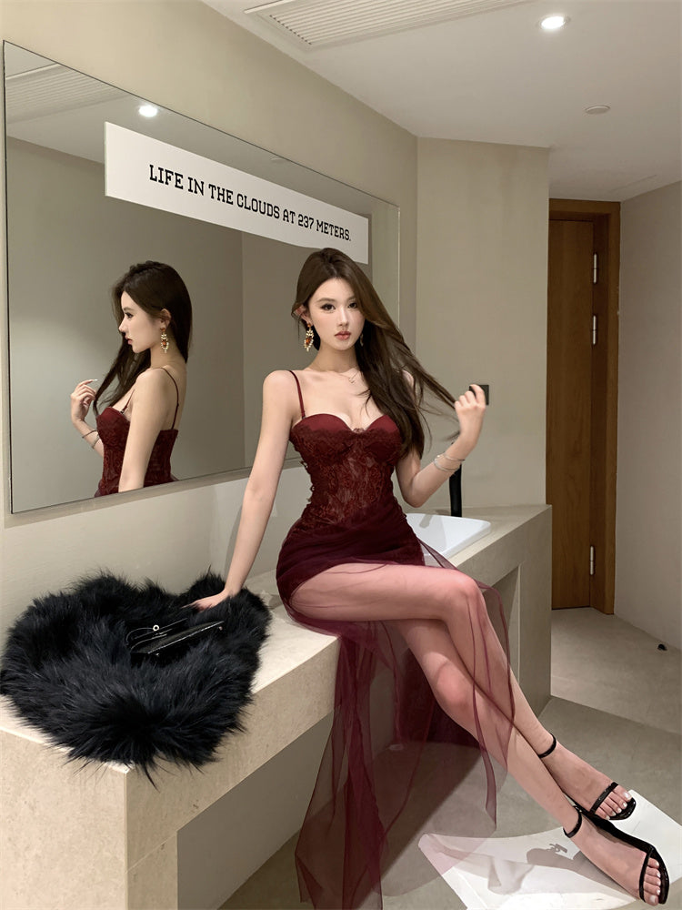 Sexy Burgundy Spaghetti Strap Maxi Dress Alluring Sheer Tulle Overlay Long Dress AP2031
