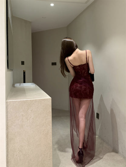 Sexy Burgundy Spaghetti Strap Maxi Dress Alluring Sheer Tulle Overlay Long Dress AP2031