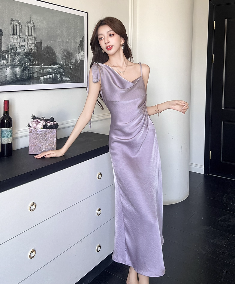 Alluring Lavender Satin One-Shoulder Midi Dress Fashion Bow Accent Asymmetric Straps Date Nights Long Dress AP2032