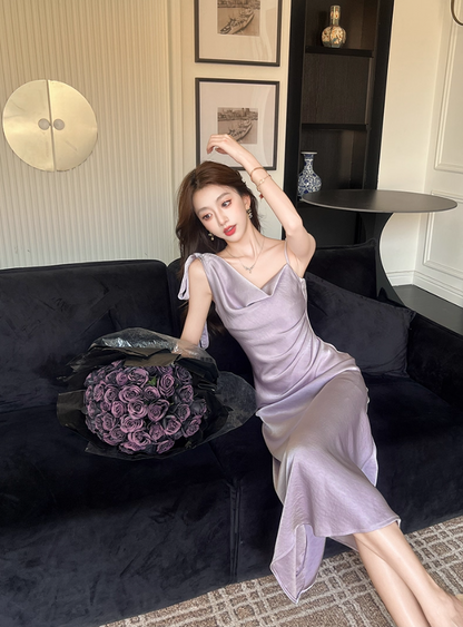 Alluring Lavender Satin One-Shoulder Midi Dress Fashion Bow Accent Asymmetric Straps Date Nights Long Dress AP2032