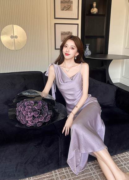 Alluring Lavender Satin One-Shoulder Midi Dress Fashion Bow Accent Asymmetric Straps Date Nights Long Dress AP2032