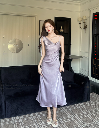 Alluring Lavender Satin One-Shoulder Midi Dress Fashion Bow Accent Asymmetric Straps Date Nights Long Dress AP2032