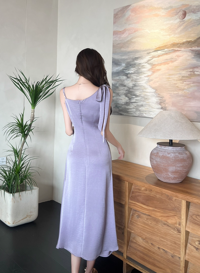 Alluring Lavender Satin One-Shoulder Midi Dress Fashion Bow Accent Asymmetric Straps Date Nights Long Dress AP2032
