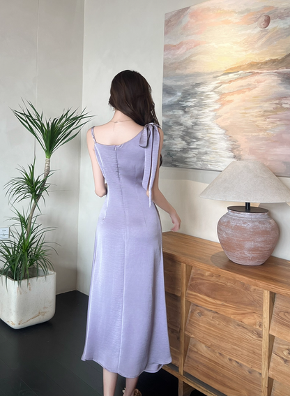 Alluring Lavender Satin One-Shoulder Midi Dress Fashion Bow Accent Asymmetric Straps Date Nights Long Dress AP2032