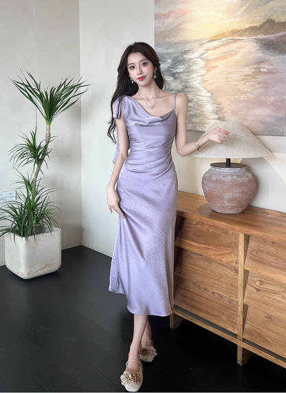 Alluring Lavender Satin One-Shoulder Midi Dress Fashion Bow Accent Asymmetric Straps Date Nights Long Dress AP2032