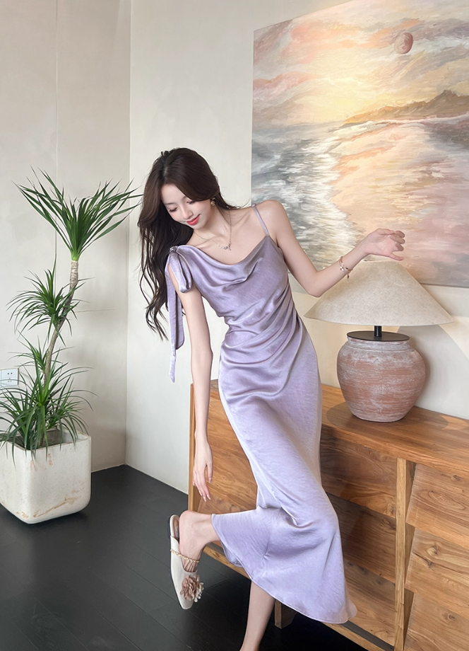 Alluring Lavender Satin One-Shoulder Midi Dress Fashion Bow Accent Asymmetric Straps Date Nights Long Dress AP2032