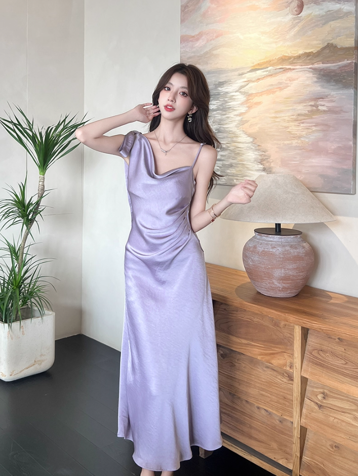 Alluring Lavender Satin One-Shoulder Midi Dress Fashion Bow Accent Asymmetric Straps Date Nights Long Dress AP2032