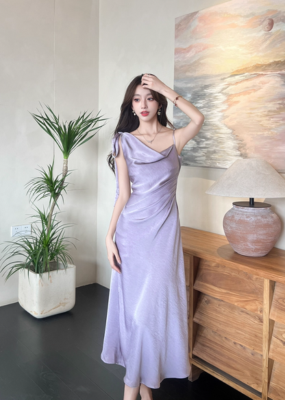Alluring Lavender Satin One-Shoulder Midi Dress Fashion Bow Accent Asymmetric Straps Date Nights Long Dress AP2032