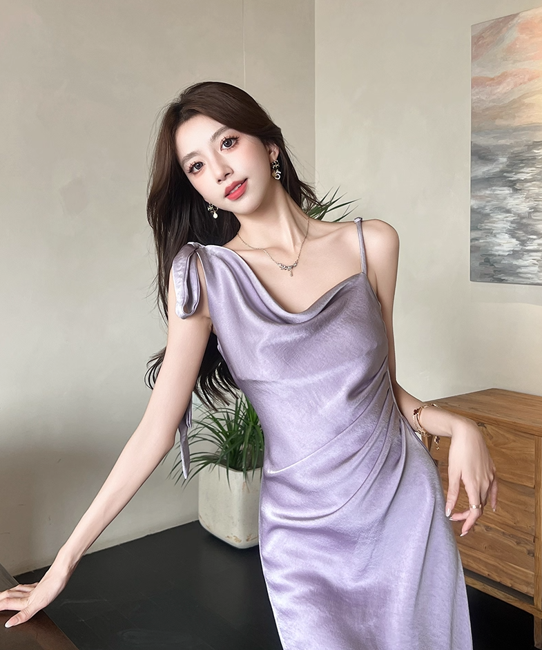 Alluring Lavender Satin One-Shoulder Midi Dress Fashion Bow Accent Asymmetric Straps Date Nights Long Dress AP2032