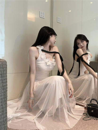 Fashionable White One-Shoulder Black Bow Streamer Maxi Dress Vogue 3D Floral Trim Ruched Bodice Long Dress AP2033
