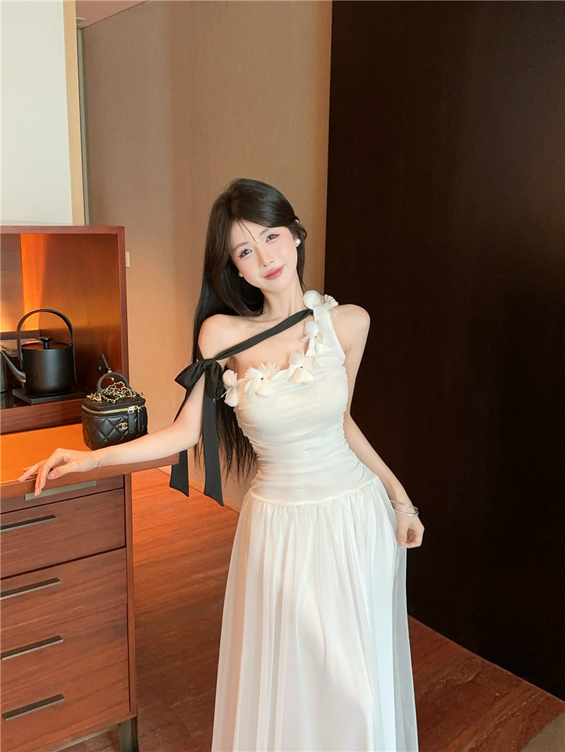 Fashionable White One-Shoulder Black Bow Streamer Maxi Dress Vogue 3D Floral Trim Ruched Bodice Long Dress AP2033