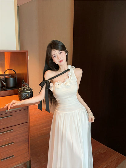 Fashionable White One-Shoulder Black Bow Streamer Maxi Dress Vogue 3D Floral Trim Ruched Bodice Long Dress AP2033