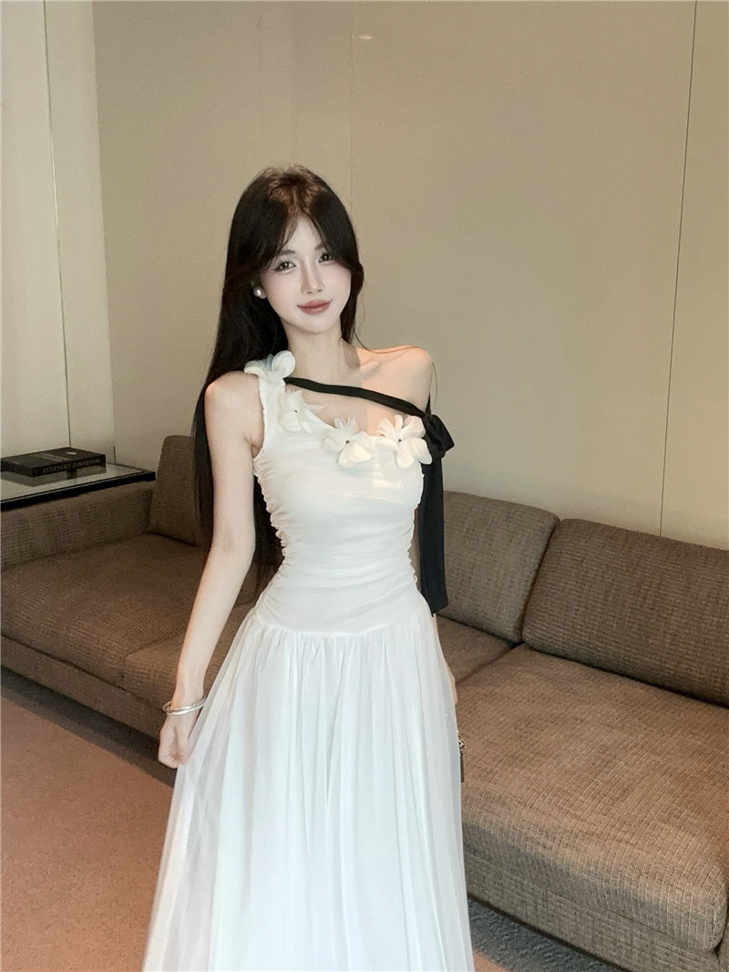 Fashionable White One-Shoulder Black Bow Streamer Maxi Dress Vogue 3D Floral Trim Ruched Bodice Long Dress AP2033