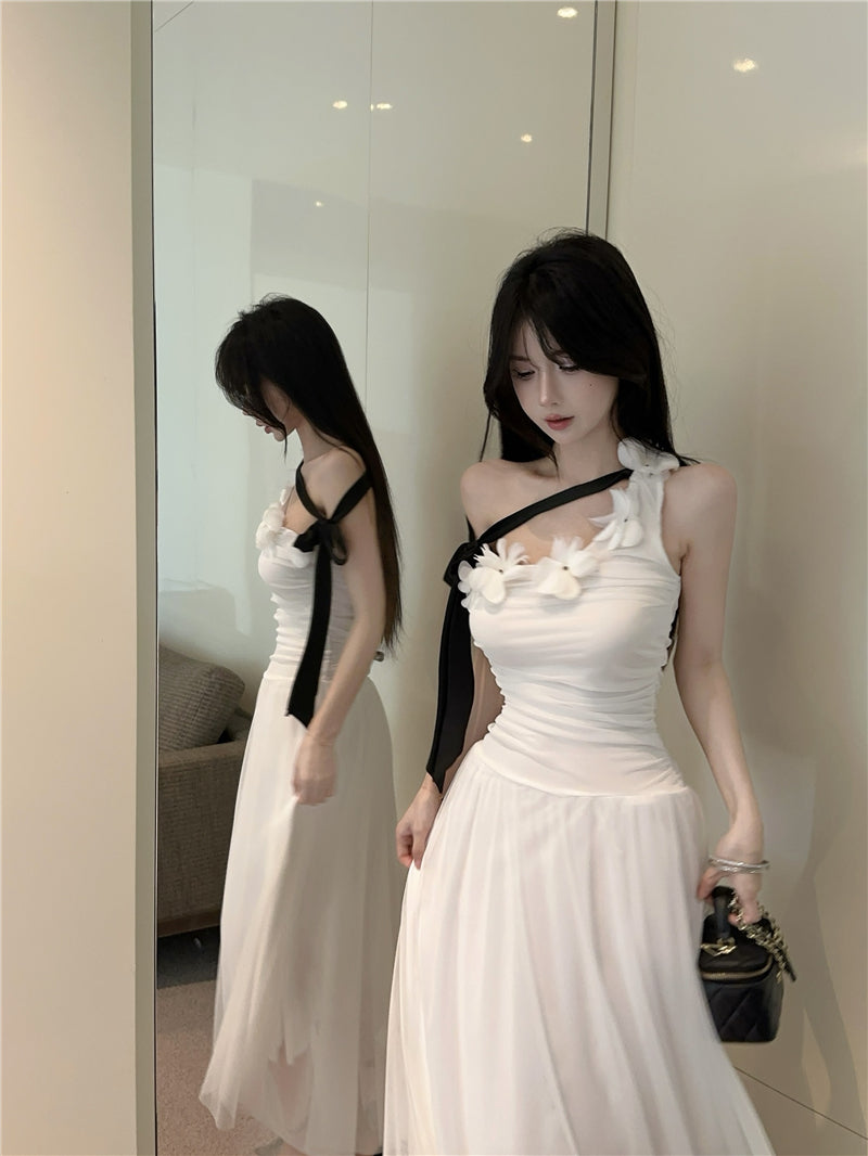 Fashionable White One-Shoulder Black Bow Streamer Maxi Dress Vogue 3D Floral Trim Ruched Bodice Long Dress AP2033