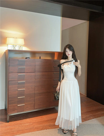 Fashionable White One-Shoulder Black Bow Streamer Maxi Dress Vogue 3D Floral Trim Ruched Bodice Long Dress AP2033