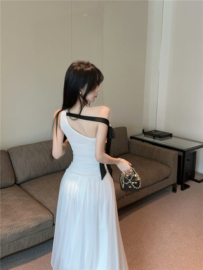 Fashionable White One-Shoulder Black Bow Streamer Maxi Dress Vogue 3D Floral Trim Ruched Bodice Long Dress AP2033