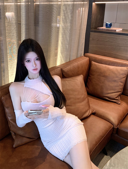 Retro Blush Pink Knit Mini Skirt Charming Cutout Detail Lace Trim Detachable Sleeve Halter Short Dress AP2034