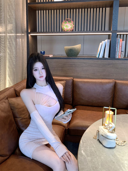 Retro Blush Pink Knit Mini Skirt Charming Cutout Detail Lace Trim Detachable Sleeve Halter Short Dress AP2034