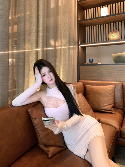 Retro Blush Pink Knit Mini Skirt Charming Cutout Detail Lace Trim Detachable Sleeve Halter Short Dress AP2034