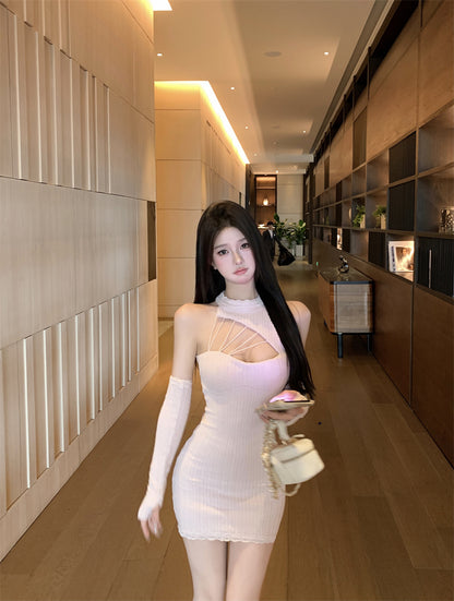 Retro Blush Pink Knit Mini Skirt Charming Cutout Detail Lace Trim Detachable Sleeve Halter Short Dress AP2034