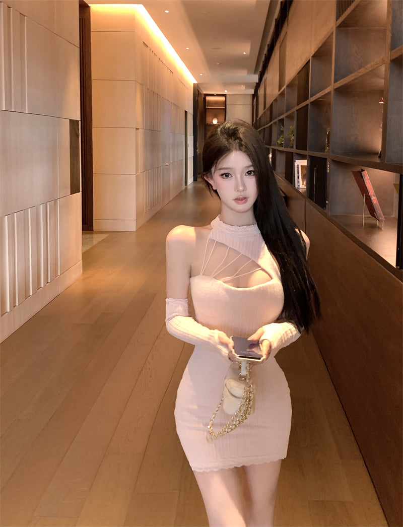 Retro Blush Pink Knit Mini Skirt Charming Cutout Detail Lace Trim Detachable Sleeve Halter Short Dress AP2034